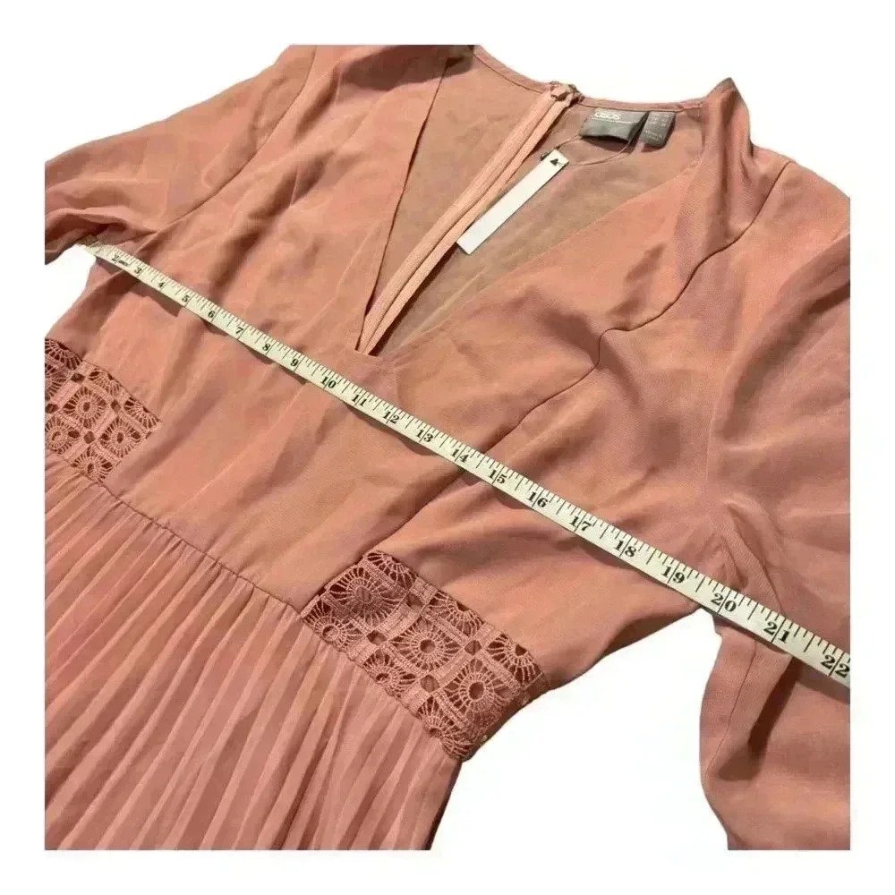 ASOS NWT Rose Pink Lace, Ruffle, Pleating Details Long Sleeve Midi Dress - Picture 11 of 15